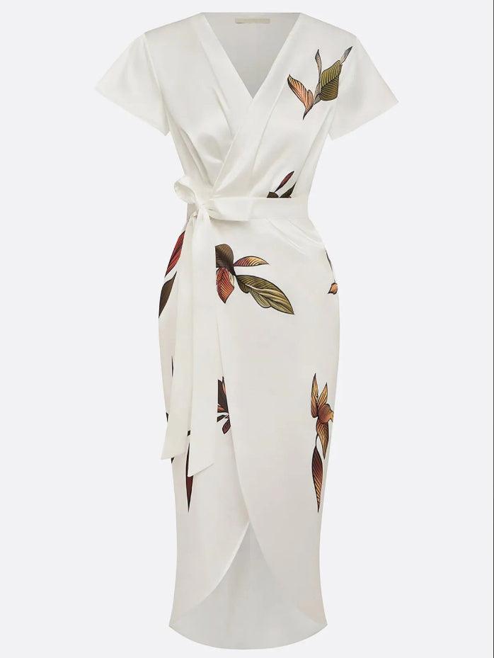 Alina | White satin midi dress with short sleeves