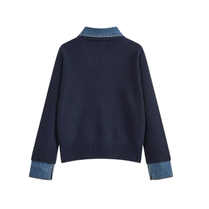 Matilda | Cosy Polo Denim Sleeve 2 in 1 Panel Lapel Sweater