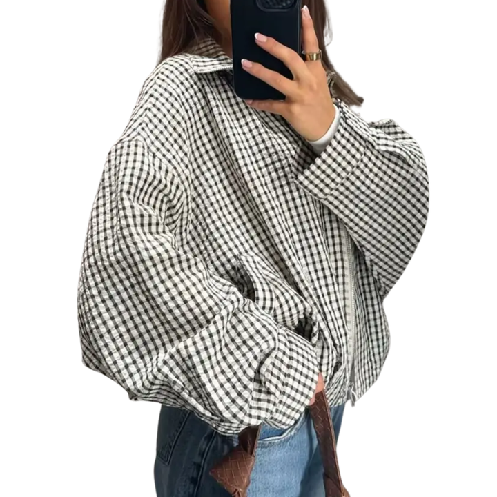 Madison | Gingham Check Cropped Bomber Jacket