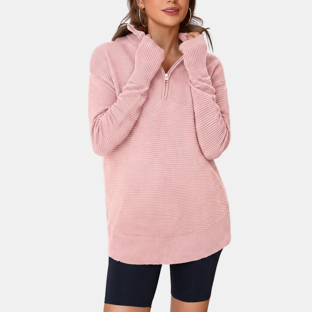 Women's Quarter Zip V Neck Ribbed Knit Pullover Sweater