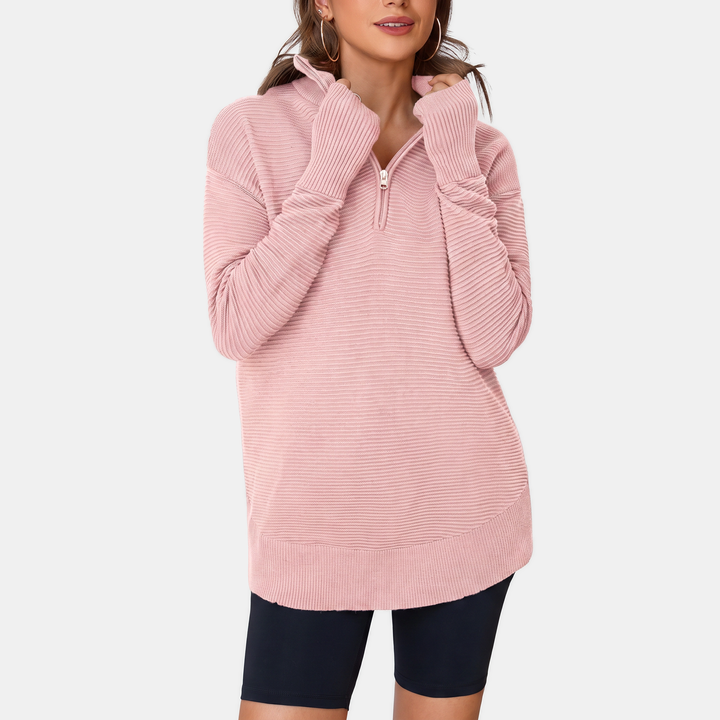 Women's Quarter Zip V Neck Ribbed Knit Pullover Sweater