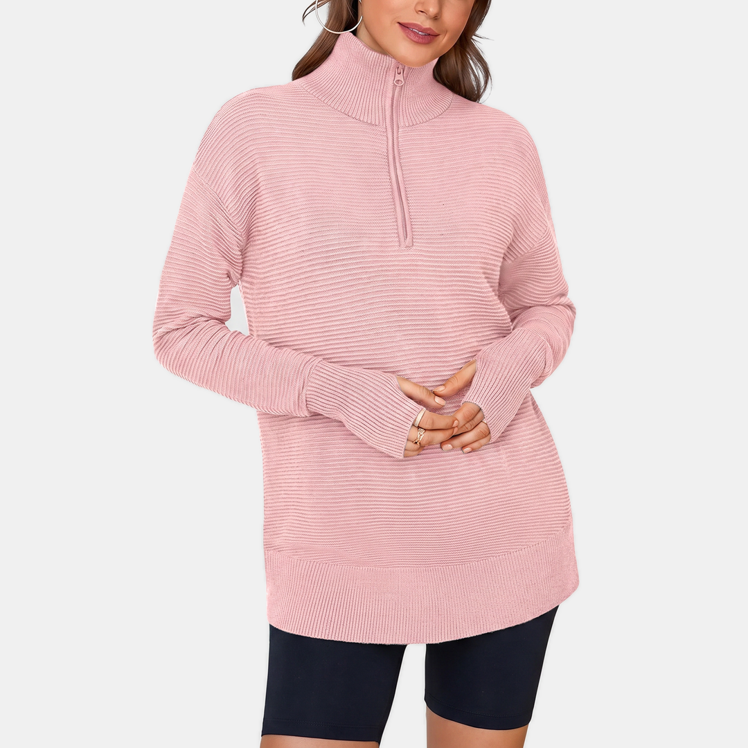 Women's Quarter Zip V Neck Ribbed Knit Pullover Sweater