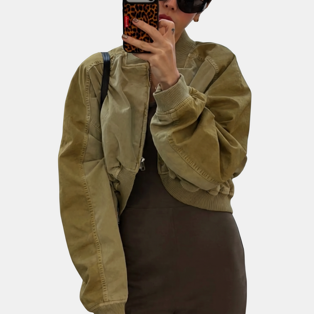 Women's Cropped Full Zip Bomber Jacket with Ribbed Collar