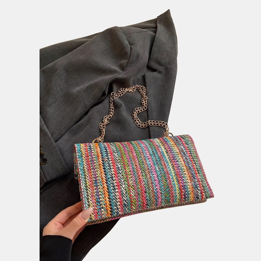 Women's Woven Flap Shoulder Bag with Chain Strap and Twist Lock