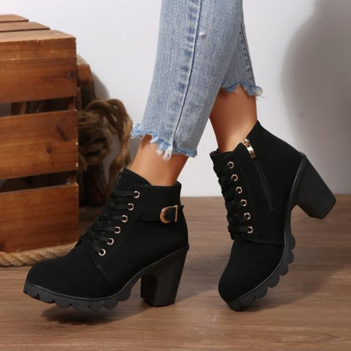 Charlotte | Chic Lace-Up Metal Buckle Chunky Ankle Boots