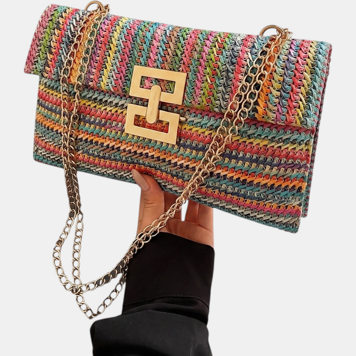 Women's Woven Flap Shoulder Bag with Chain Strap and Twist Lock