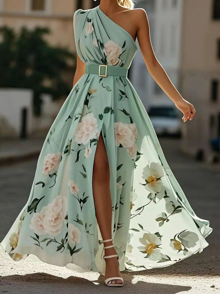 Olivia | Maxi dress chiffon with floral pattern with free shoulders light green