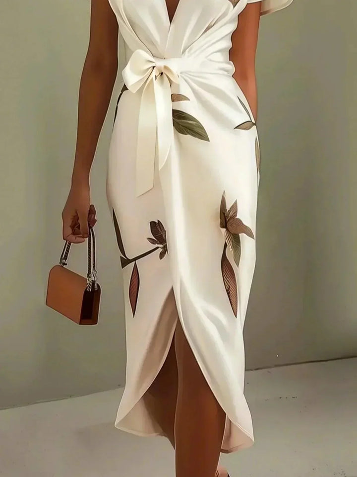 Alina | White satin midi dress with short sleeves