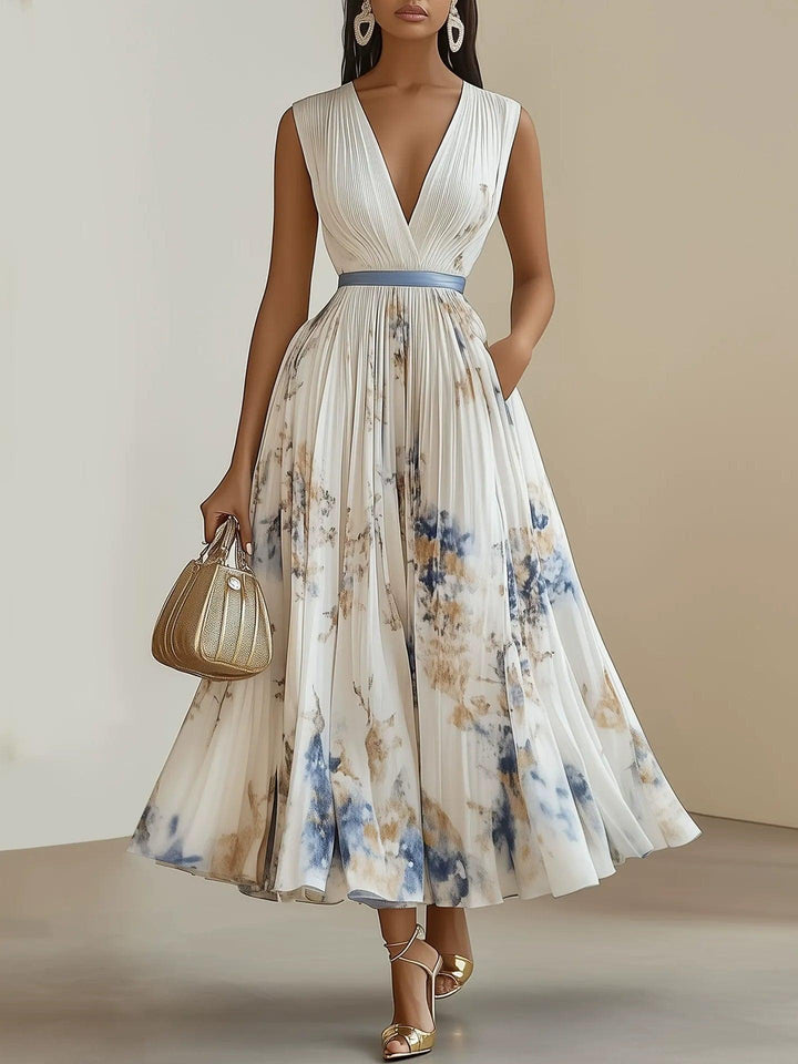 Birgit | Pleated chiffon midi dress with white floral pattern and V-neck