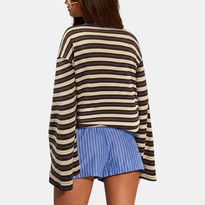 Women's Colour Block Striped Long Sleeve Round Neck Fitted Top