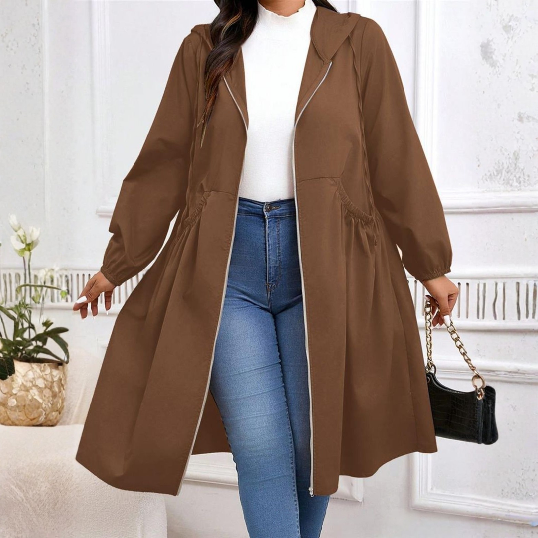 Kara | Casual Plus Size Drawstring Zip-Up Long Sleeve Hooded Coat