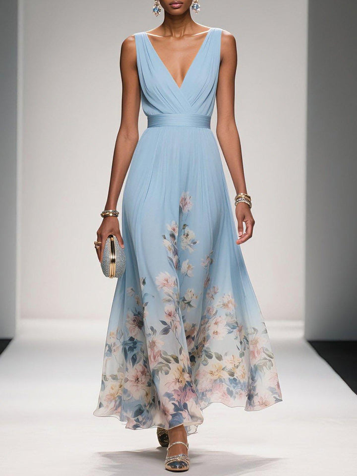 Zoe | Maxi dress made of chiffon with flowers light blue and V-neck