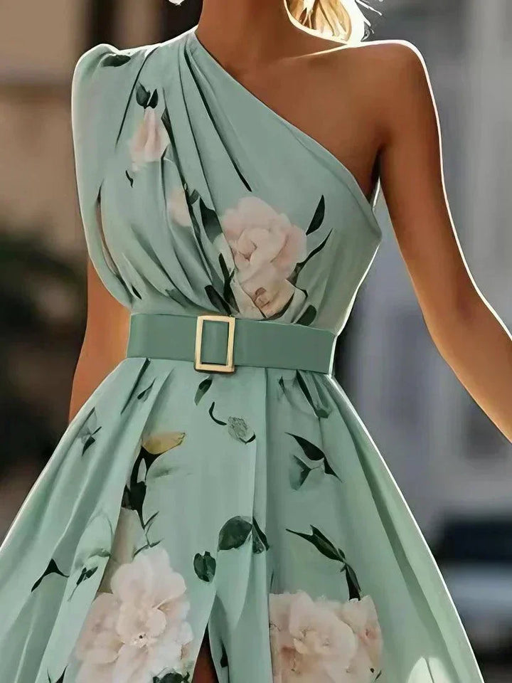 Olivia | Maxi dress chiffon with floral pattern with free shoulders light green