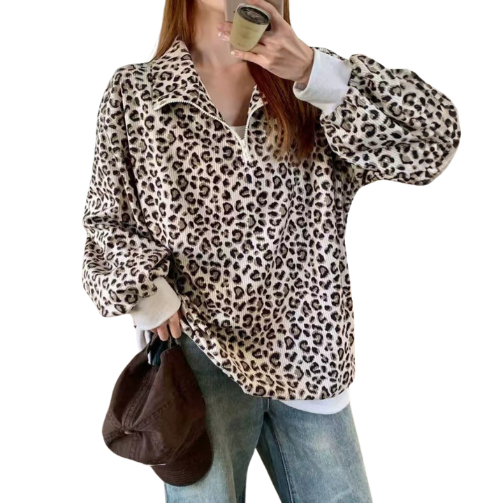 Emily | Leopard Print Zip-Up Corduroy Hoodie