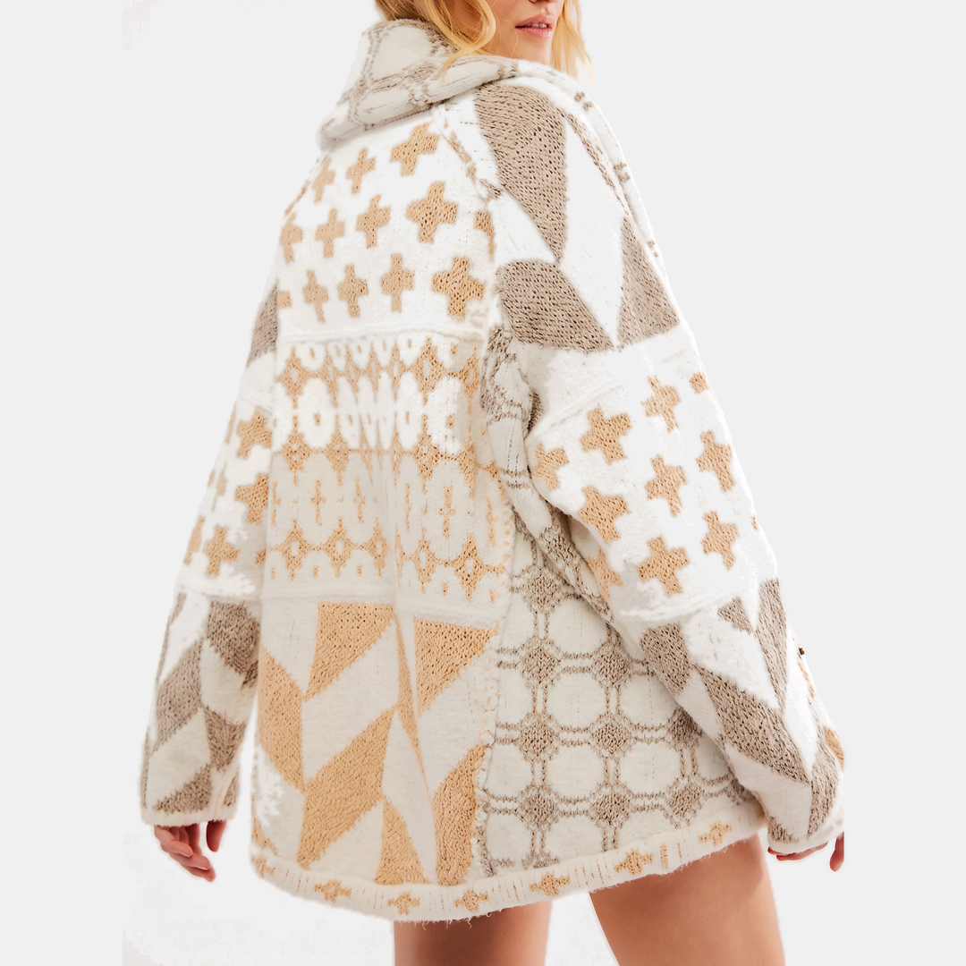 Women's Y2K Abstract Print Lapel Button Down Oversized Knit Cardigan