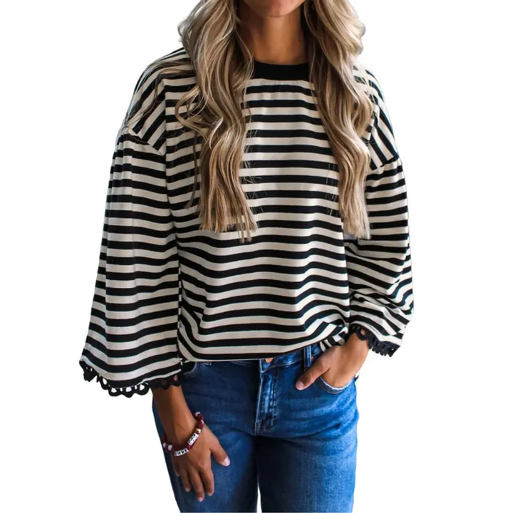 Poppy | Striped Lace Trim Oversized Sweatshirt