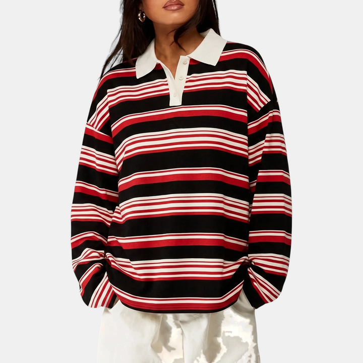 Women's Vintage Striped Polo Collar Oversized Long Sleeve Shirt