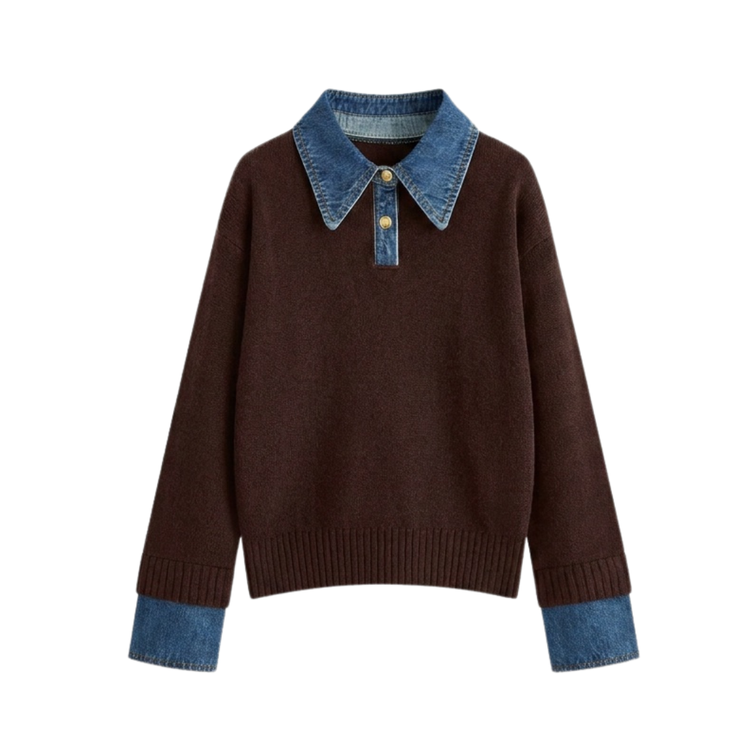 Matilda | Cosy Polo Denim Sleeve 2 in 1 Panel Lapel Sweater