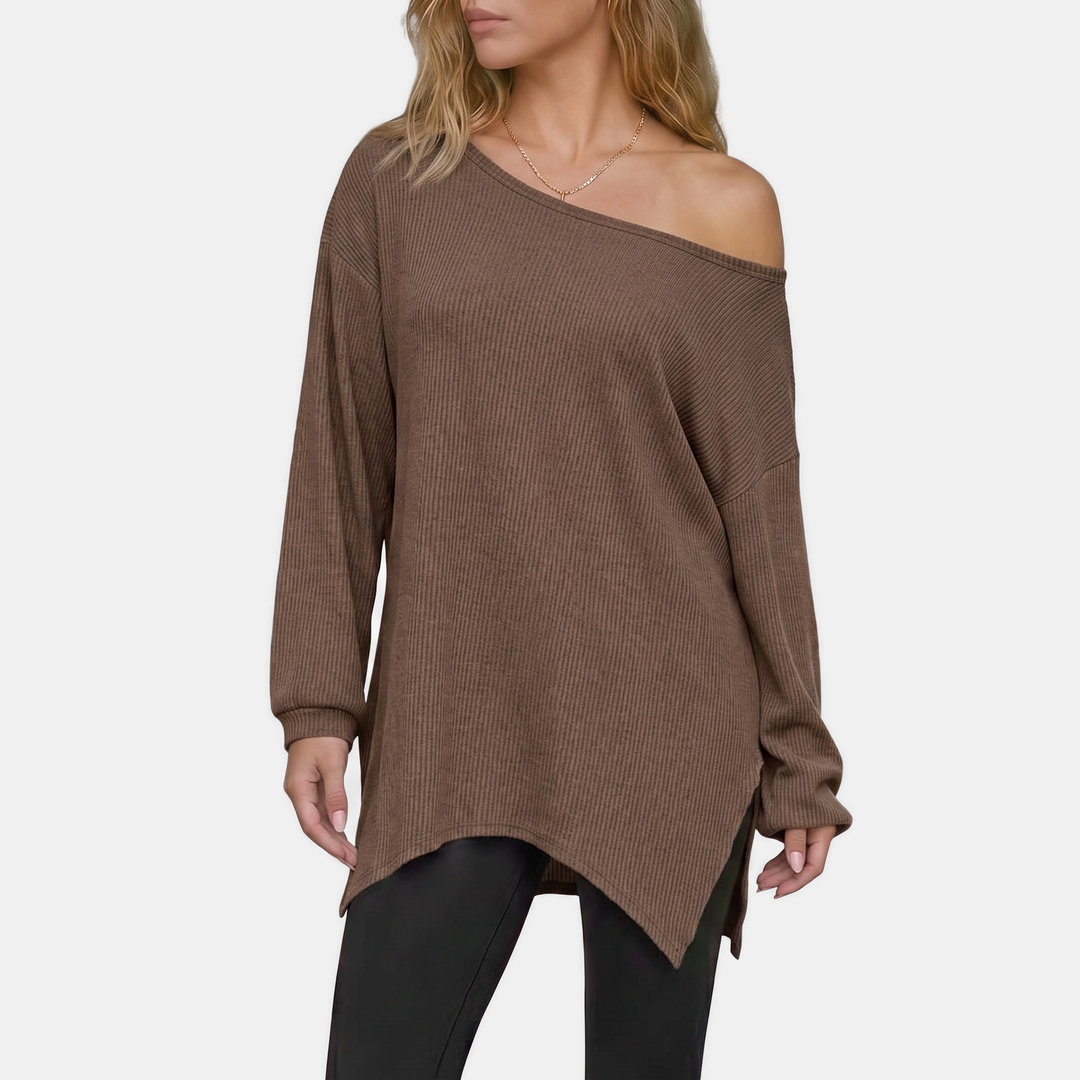 Women's Off Shoulder Asymmetrical Neck Ribbed Oversized Sweater Top