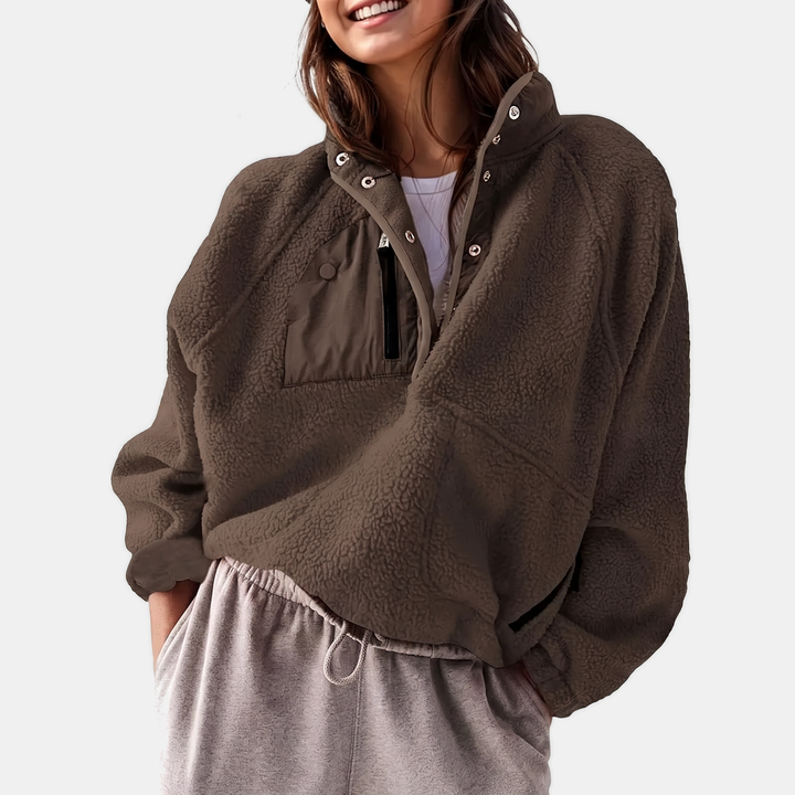 Women's Fleece Stand Collar Zip Up Cropped Jacket with Pockets