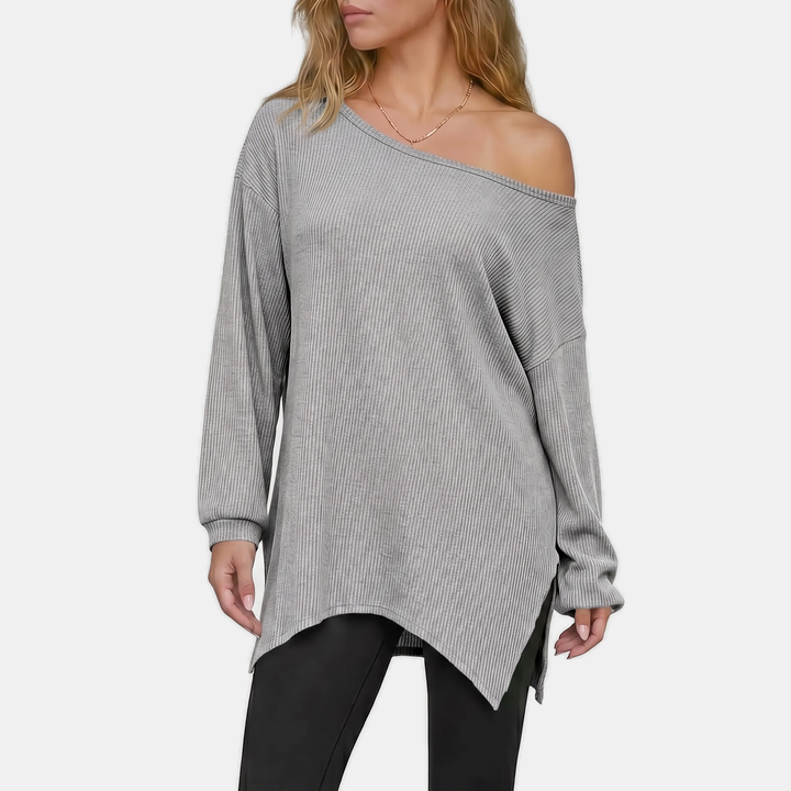 Women's Off Shoulder Asymmetrical Neck Ribbed Oversized Sweater Top