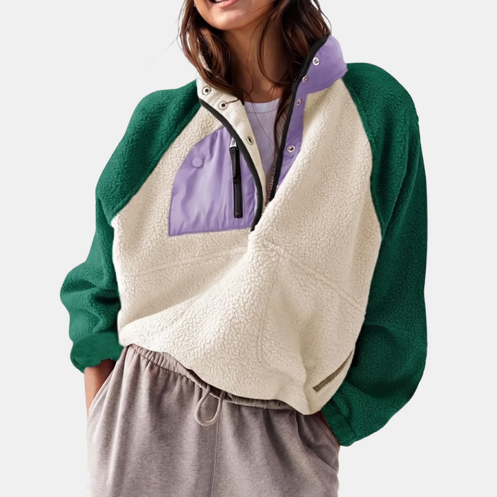 Women's Fleece Stand Collar Zip Up Cropped Jacket with Pockets