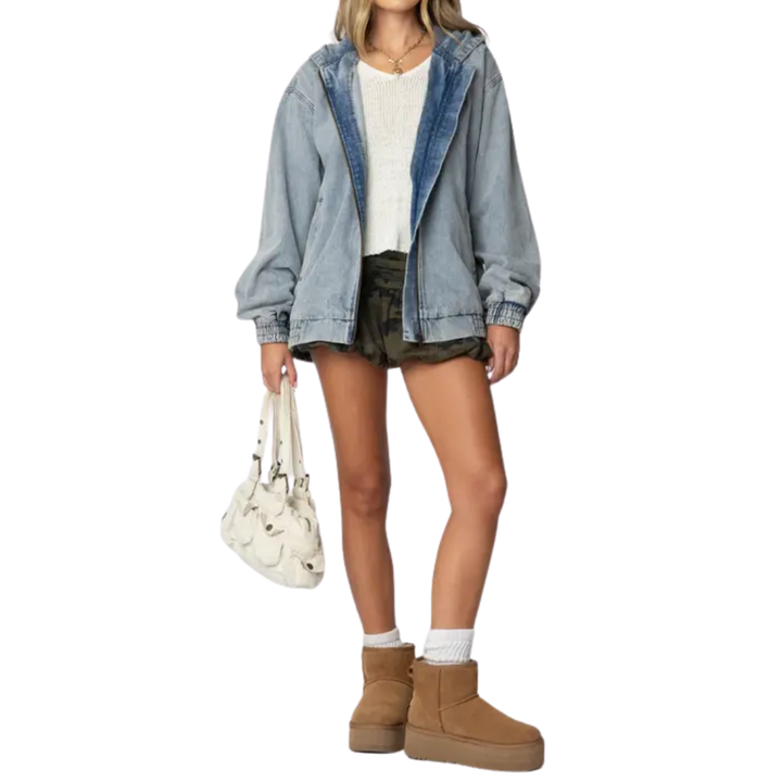 Zara | Hooded Vintage Washed Denim Bomber Jacket