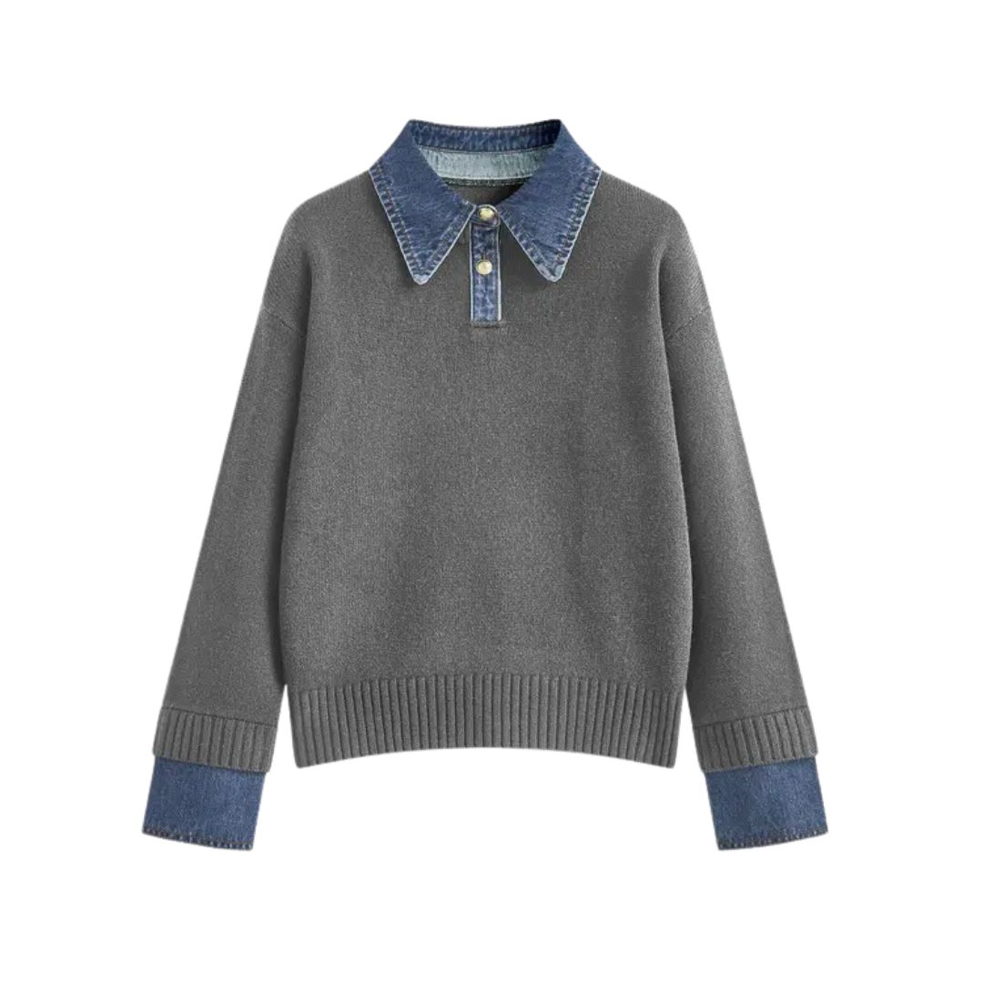 Matilda | Cosy Polo Denim Sleeve 2 in 1 Panel Lapel Sweater