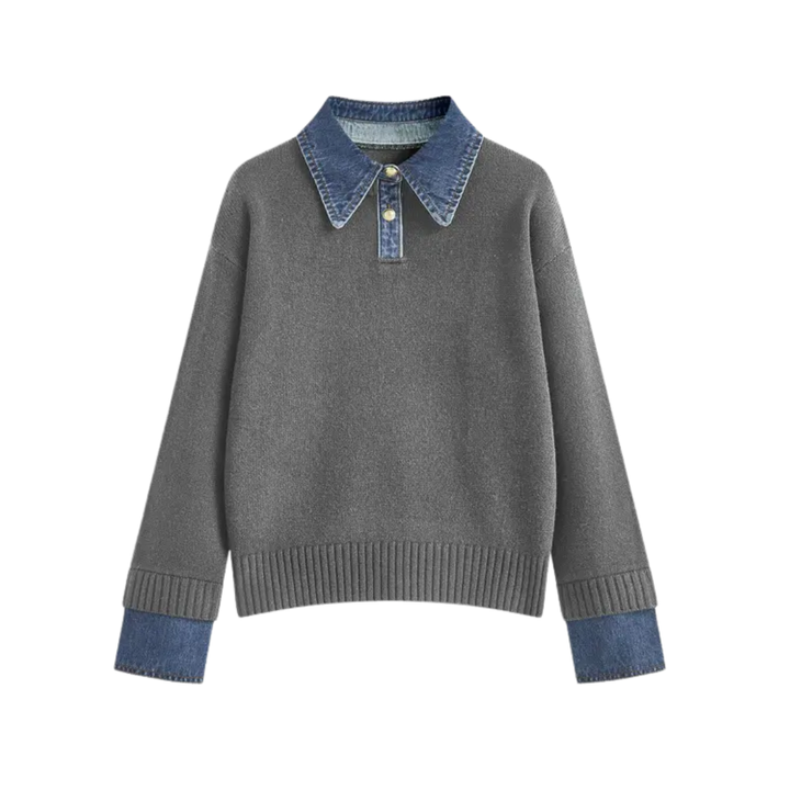 Matilda | Cosy Polo Denim Sleeve 2 in 1 Panel Lapel Sweater