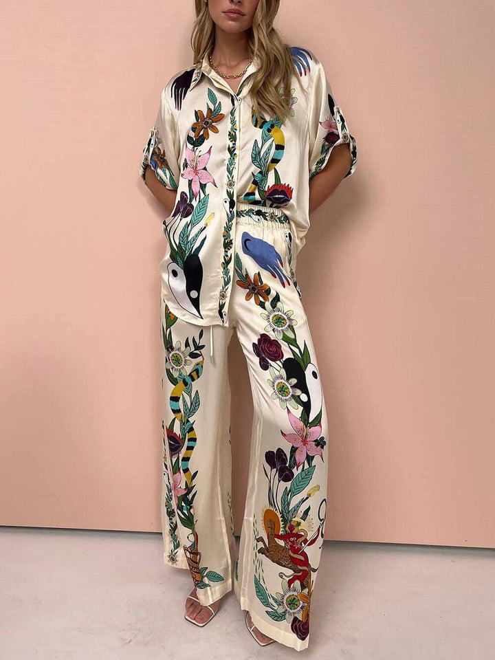 Selma | Satin blouse and pants set with unique print, resort style