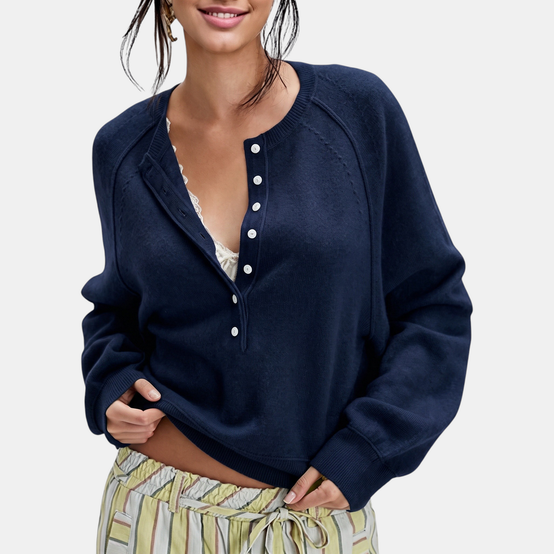 Women's Half Button Henley Neck Ribbed Knit Pullover Sweater