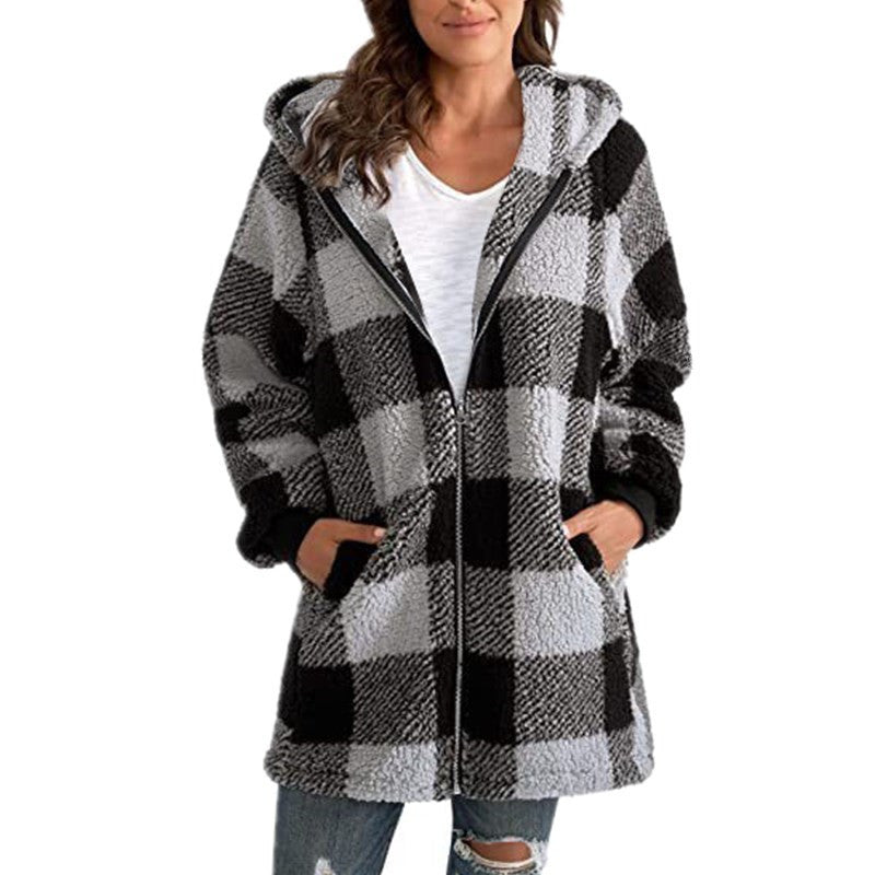 Hannah | Plaid Fleece Long Sleeve Hooded Coat