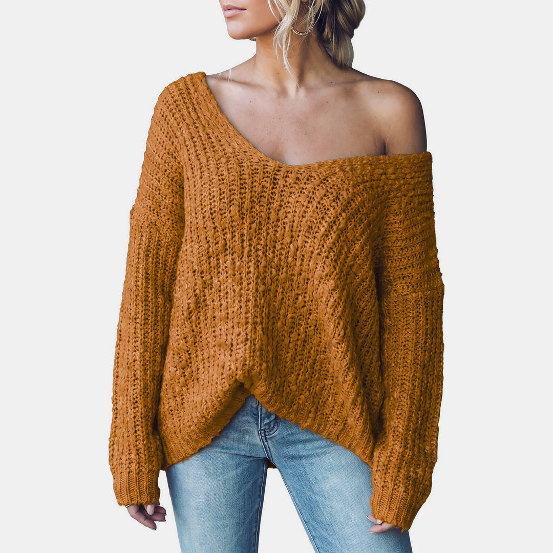 Women's Drop Shoulder Hollow Knit Pullover V | Neck Sweater