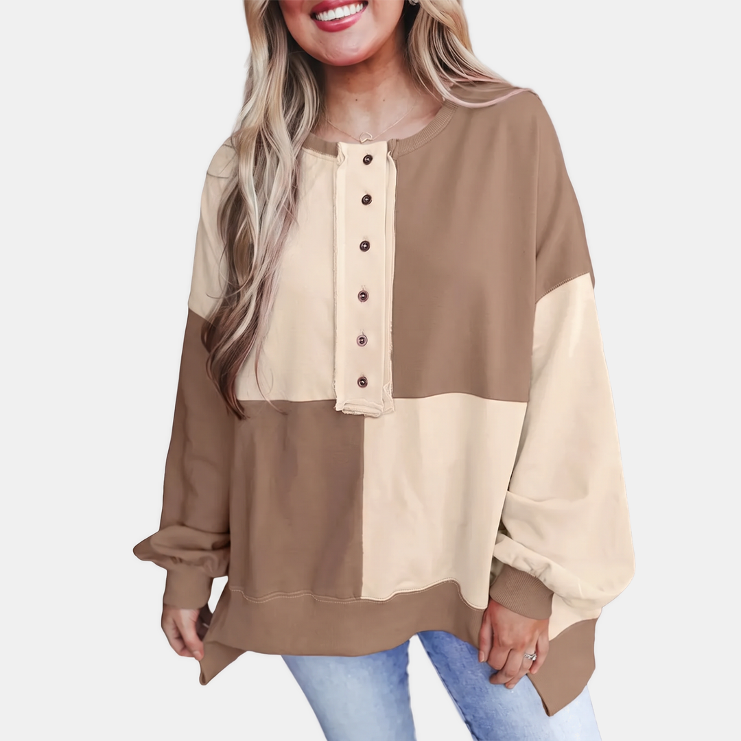Women's Buckle Front Lapel Colorblock Longline Sweatshirt