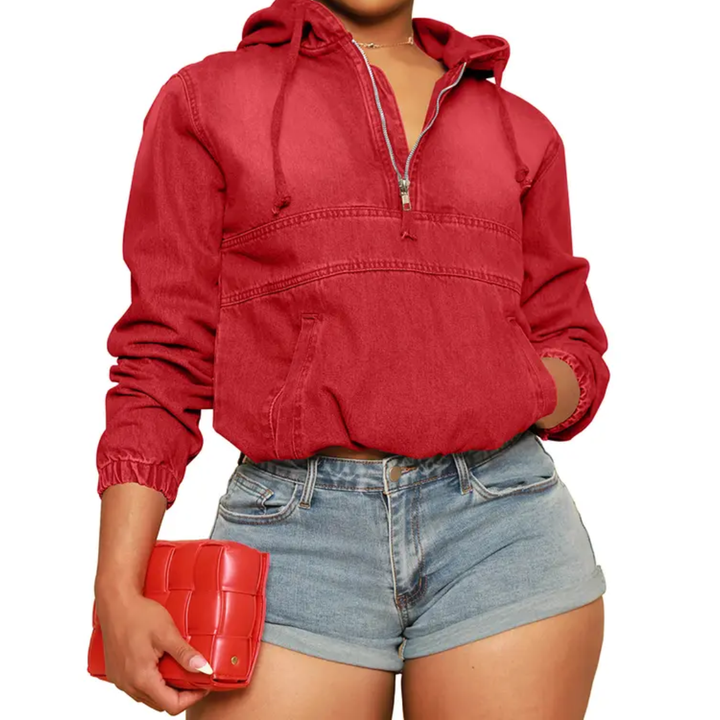 Isabelle | Moto-Inspired Hooded Denim Pullover Jacket