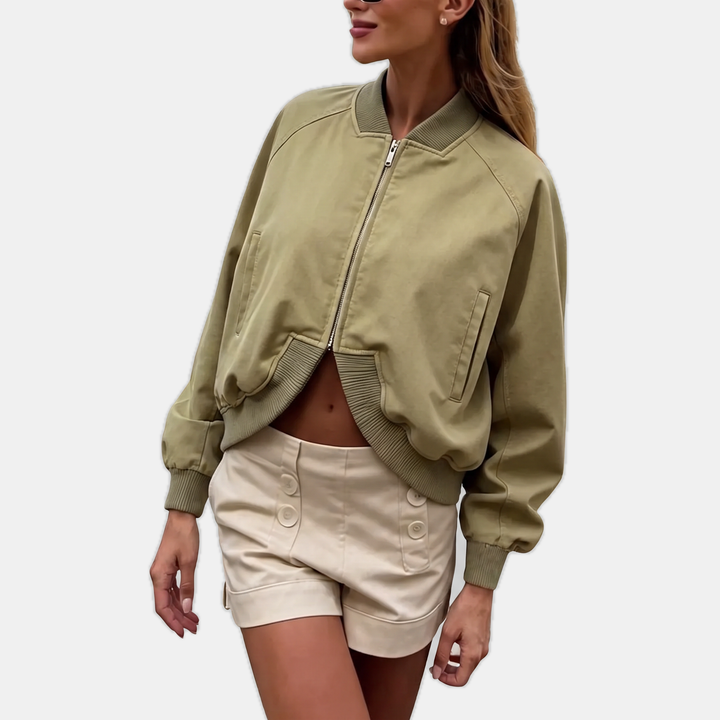Women's Cropped Full Zip Bomber Jacket with Ribbed Collar