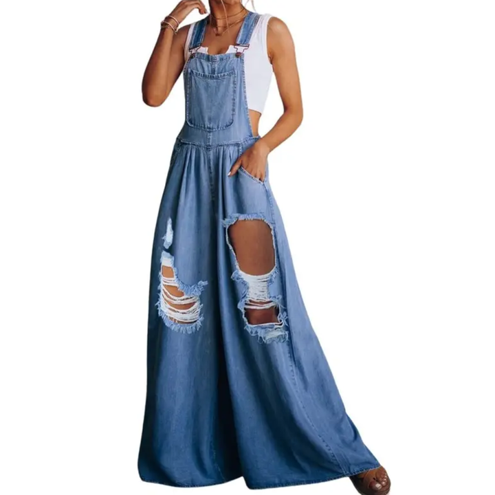 Grace | Casual Ripped Wide Leg Denim Bib Overall Jeans Pants