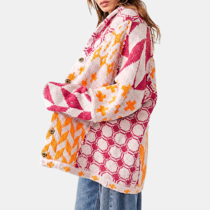 Women's Y2K Abstract Print Lapel Button Down Oversized Knit Cardigan