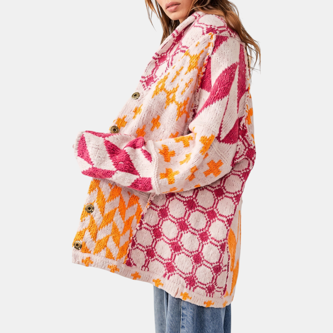 Women's Y2K Abstract Print Button Down Oversized Knit Cardigan