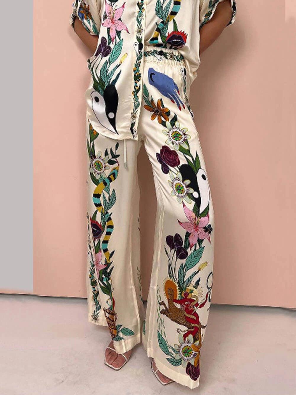 Selma | Satin blouse and pants set with unique print, resort style