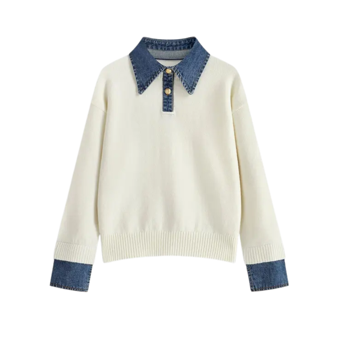 Matilda | Cosy Polo Denim Sleeve 2 in 1 Panel Lapel Sweater