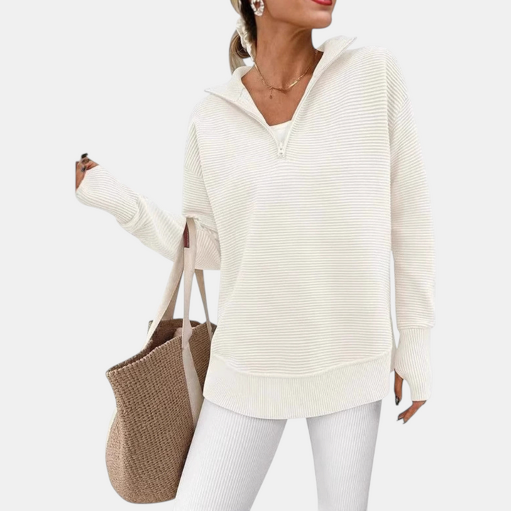 Women's Quarter Zip V Neck Ribbed Knit Pullover Sweater