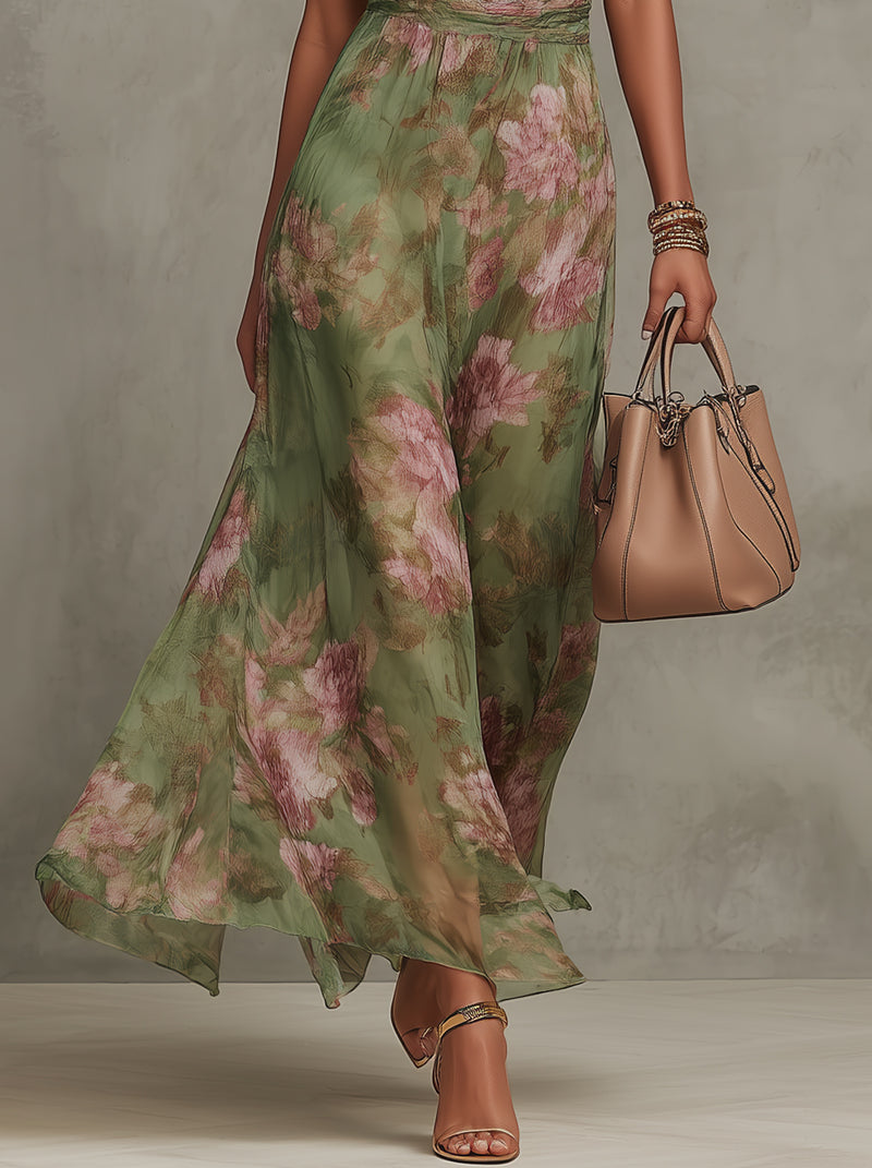 Emma | Maxi dress chiffon with floral pattern green with backless