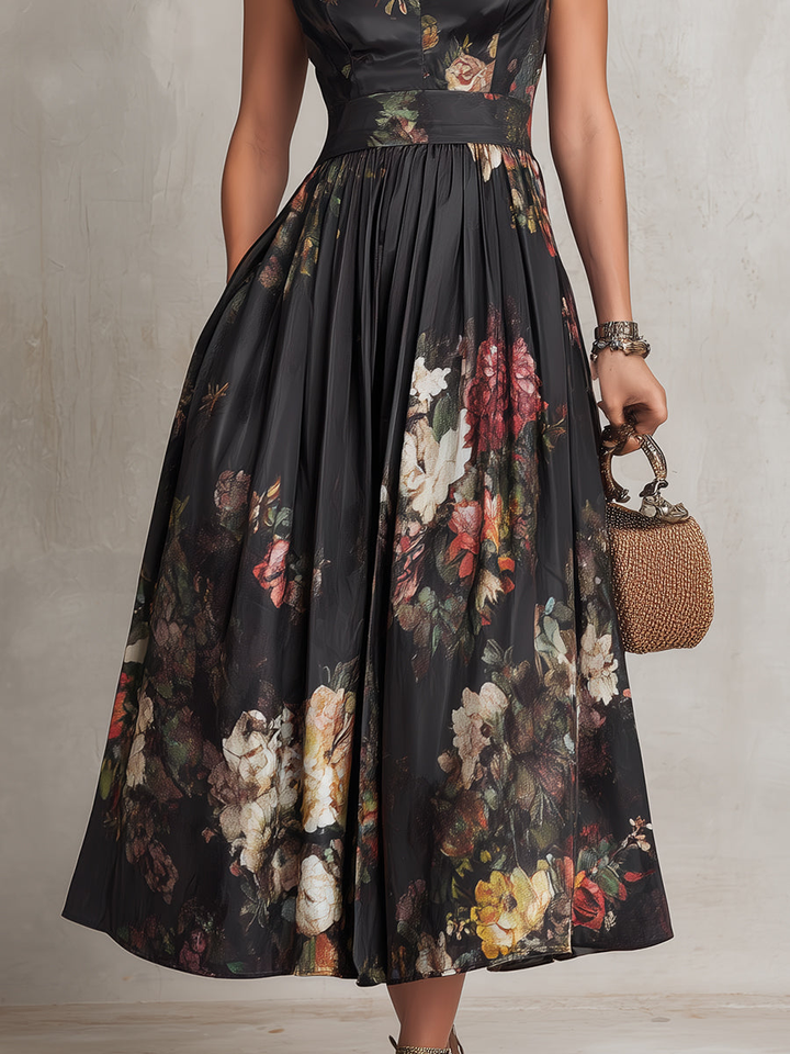 Charlotte | Pleated satin midi dress with black floral pattern