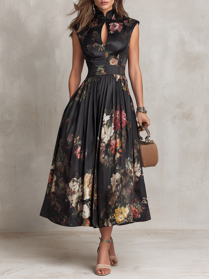 Charlotte | Pleated satin midi dress with black floral pattern