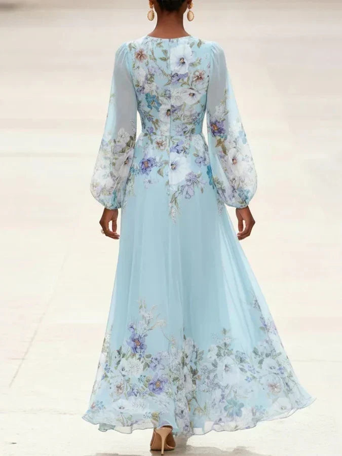 Margaret | Maxi dress chiffon with floral pattern light blue with V-neck