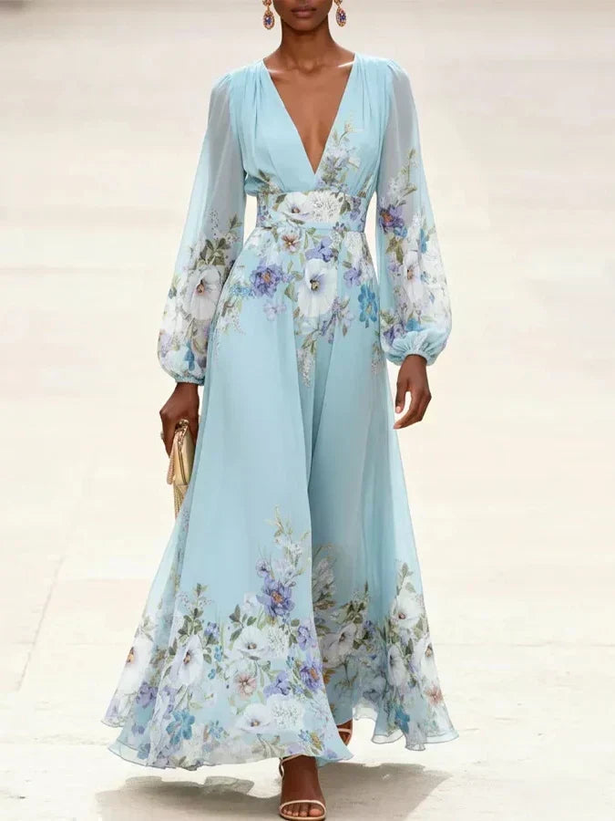 Margaret | Maxi dress chiffon with floral pattern light blue with V-neck