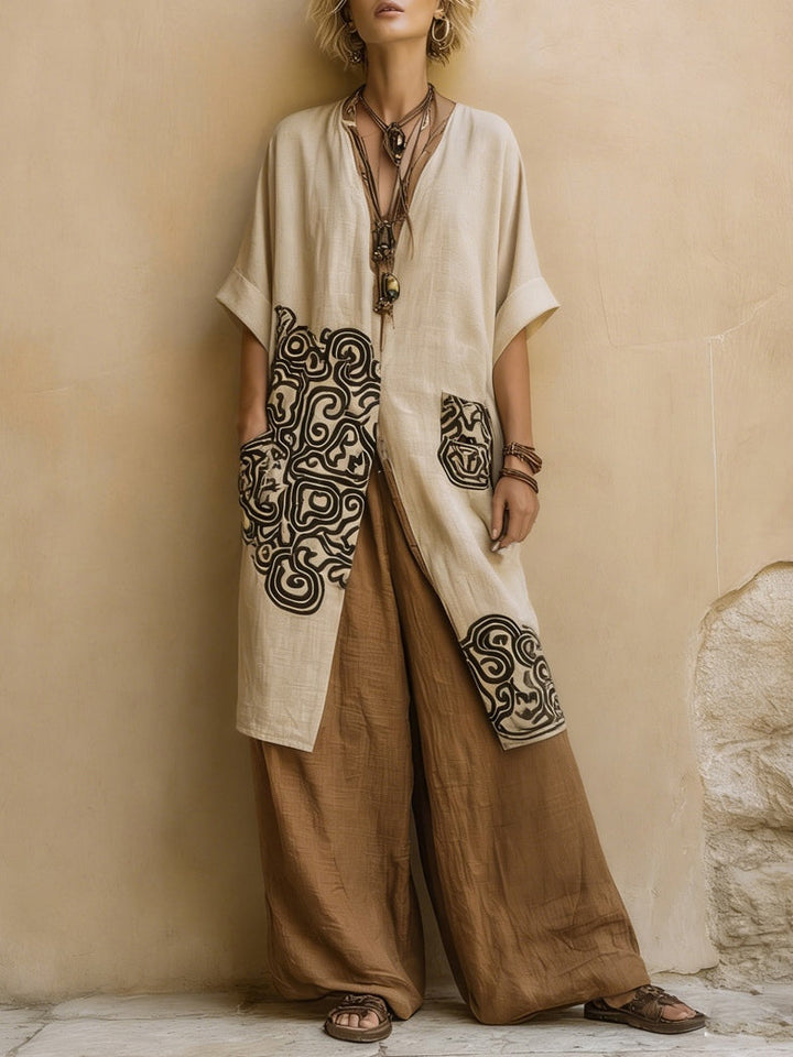 Elizabeth | Three-piece set made of dark gray and brown with tribal print