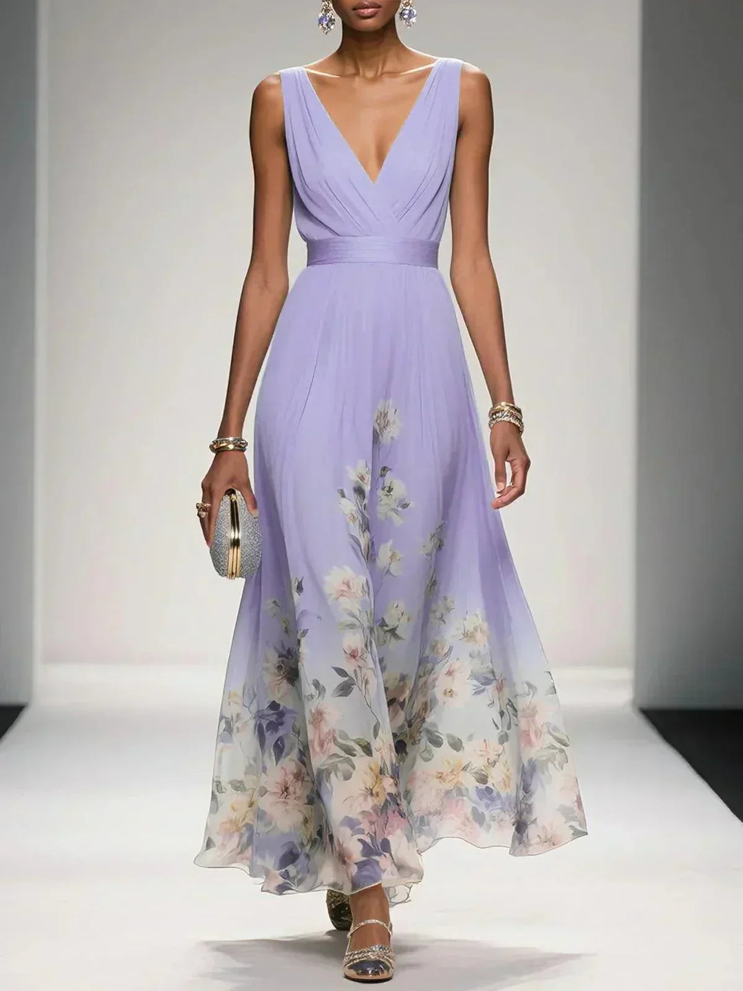 Zoe | Maxi dress made of chiffon with flowers light blue and V-neck