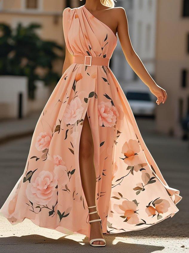 Olivia | Maxi dress chiffon with floral pattern with free shoulders light green